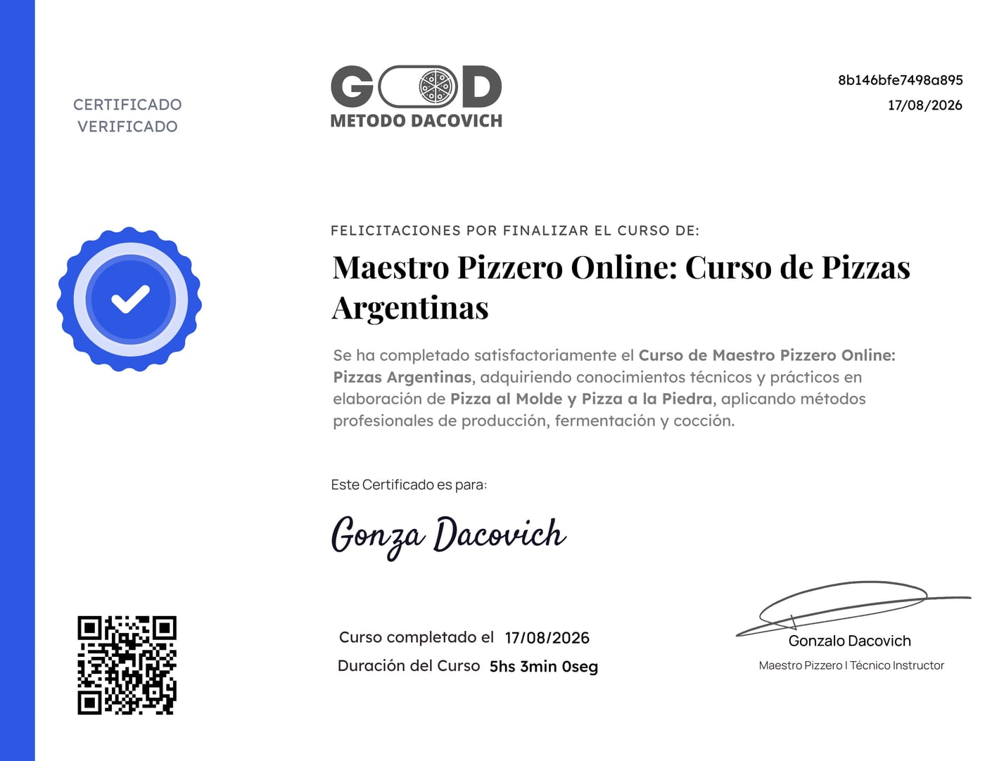 Certificado de finalización del Curso Maestro Pizzero Online, Método Dacovich